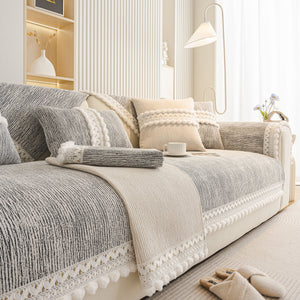 Soft Chenille Sectional Sofa Cover with Pom Pom Trim – Non-Slip Couch Protector