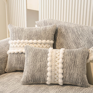 Soft Chenille Sectional Sofa Cover with Pom Pom Trim – Non-Slip Couch Protector