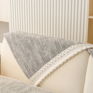 Soft Chenille Sectional Sofa Cover with Pom Pom Trim – Non-Slip Couch Protector