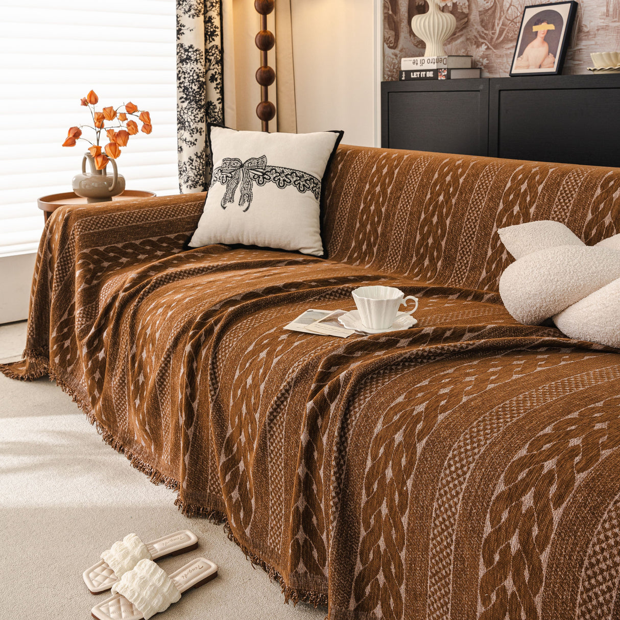 Sofa Cover Blanket Throw with Tassels, Decorative Furniture Protector for Dogs/Pets