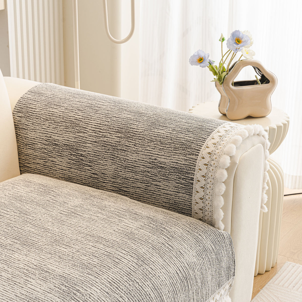 Soft Chenille Sectional Sofa Cover with Pom Pom Trim – Non-Slip Couch Protector