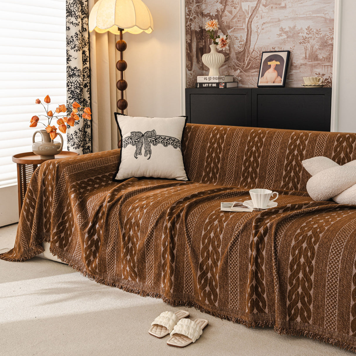 Sofa Cover Blanket Throw with Tassels, Decorative Furniture Protector for Dogs/Pets