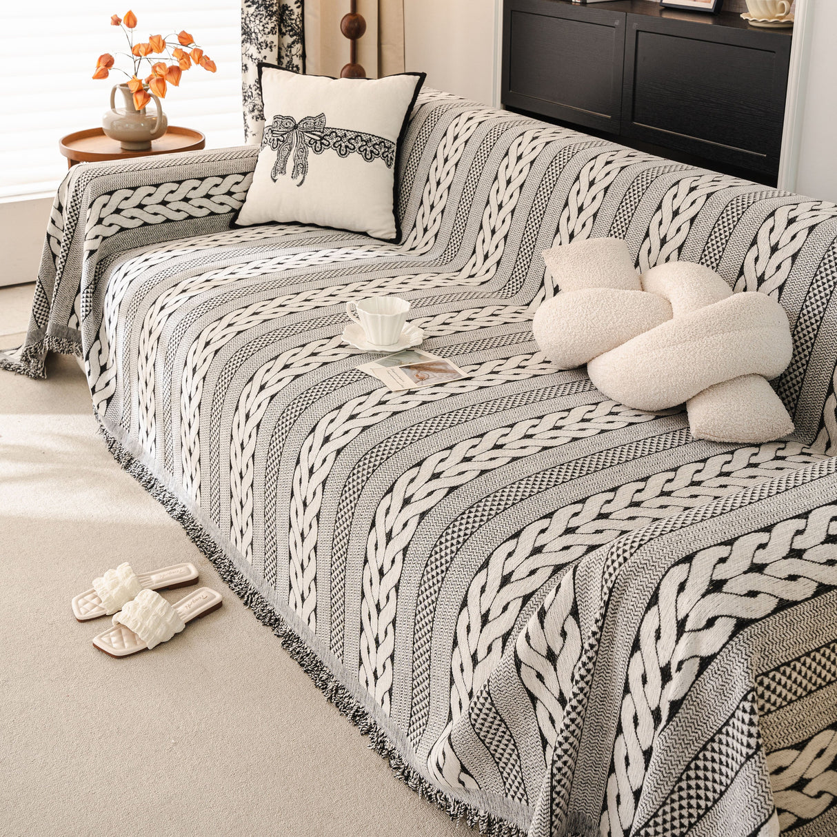 Sofa Cover Blanket Throw with Tassels, Decorative Furniture Protector for Dogs/Pets