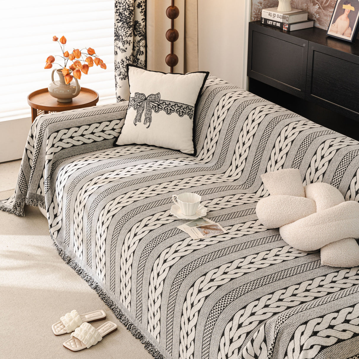 Sofa Cover Blanket Throw with Tassels, Decorative Furniture Protector for Dogs/Pets