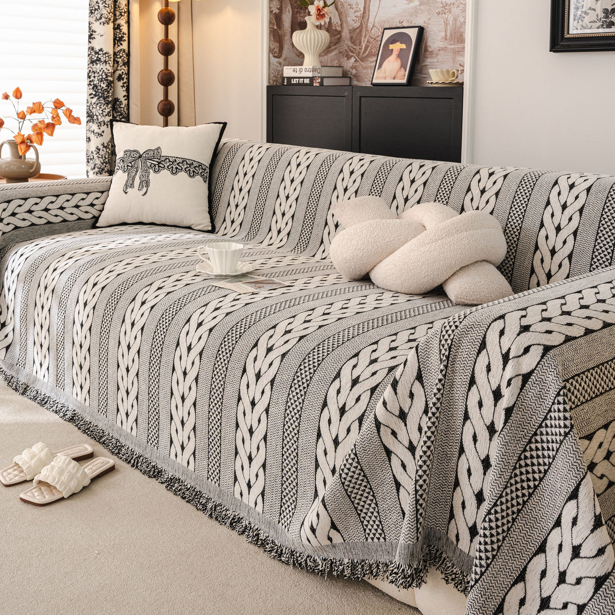 Sofa Cover Blanket Throw with Tassels, Decorative Furniture Protector for Dogs/Pets