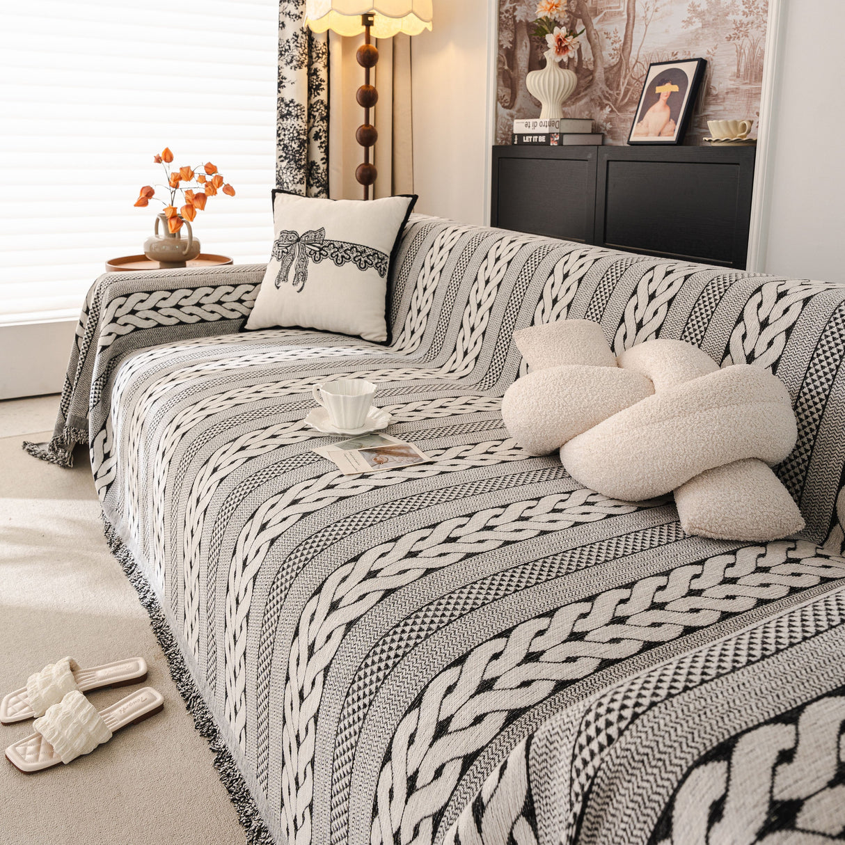 Sofa Cover Blanket Throw with Tassels, Decorative Furniture Protector for Dogs/Pets