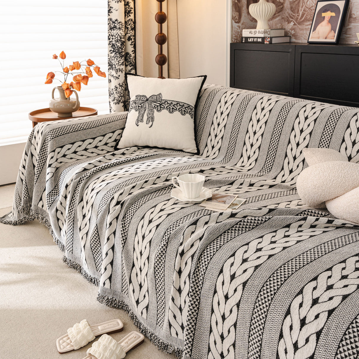 Sofa Cover Blanket Throw with Tassels, Decorative Furniture Protector for Dogs/Pets