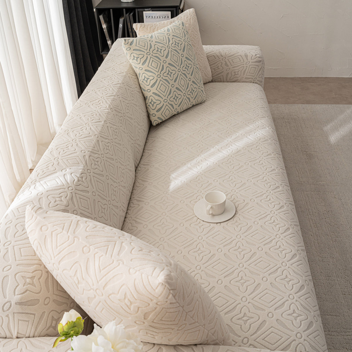 3D Jacquard Geometric Sofa Cover, High Stretch Soft Polar Fleece Slipcover for Couch