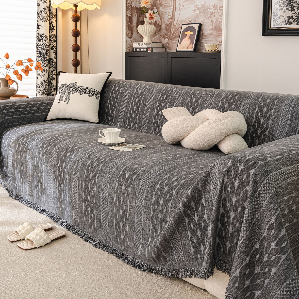 Sofa Cover Blanket Throw with Tassels, Decorative Furniture Protector for Dogs/Pets