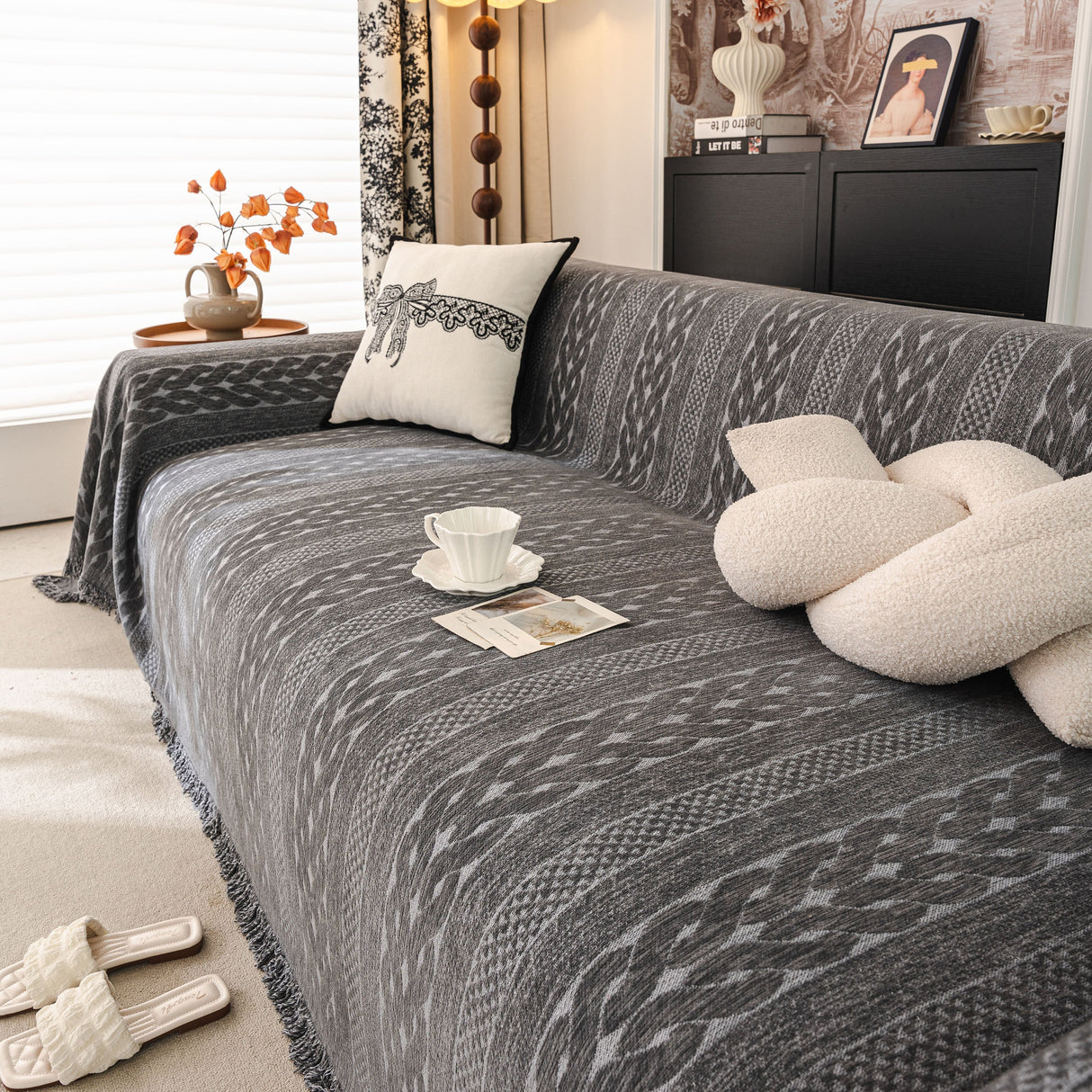 Sofa Cover Blanket Throw with Tassels, Decorative Furniture Protector for Dogs/Pets