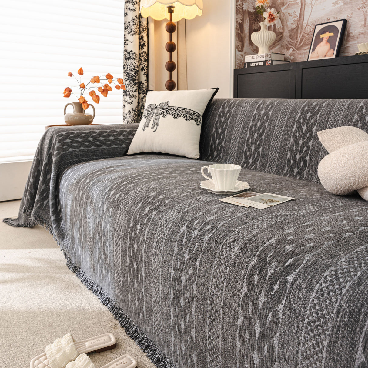 Sofa Cover Blanket Throw with Tassels, Decorative Furniture Protector for Dogs/Pets