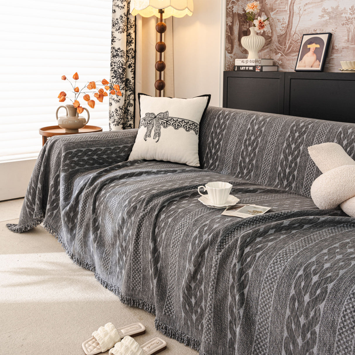 Sofa Cover Blanket Throw with Tassels, Decorative Furniture Protector for Dogs/Pets