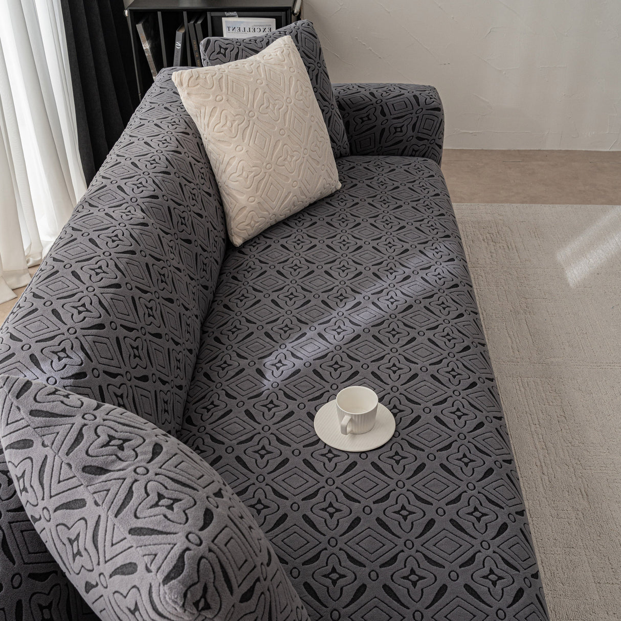 3D Jacquard Geometric Sofa Cover, High Stretch Soft Polar Fleece Slipcover for Couch