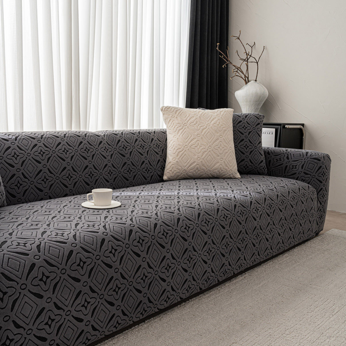 3D Jacquard Geometric Sofa Cover, High Stretch Soft Polar Fleece Slipcover for Couch