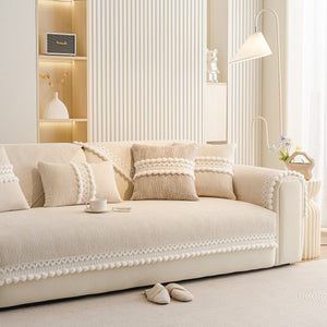 Soft Chenille Sectional Sofa Cover with Pom Pom Trim – Non-Slip Couch Protector