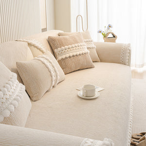 Soft Chenille Sectional Sofa Cover with Pom Pom Trim – Non-Slip Couch Protector