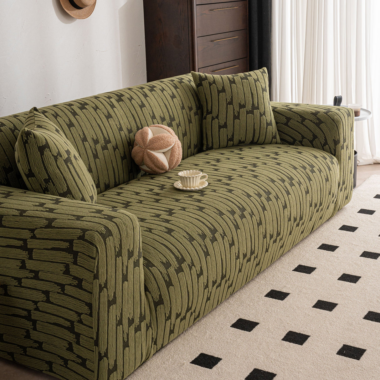 Plush Fleece Stretch Sofa Cover, Super Soft Textured Geometric Couch Slipcover