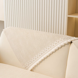 Soft Chenille Sectional Sofa Cover with Pom Pom Trim – Non-Slip Couch Protector