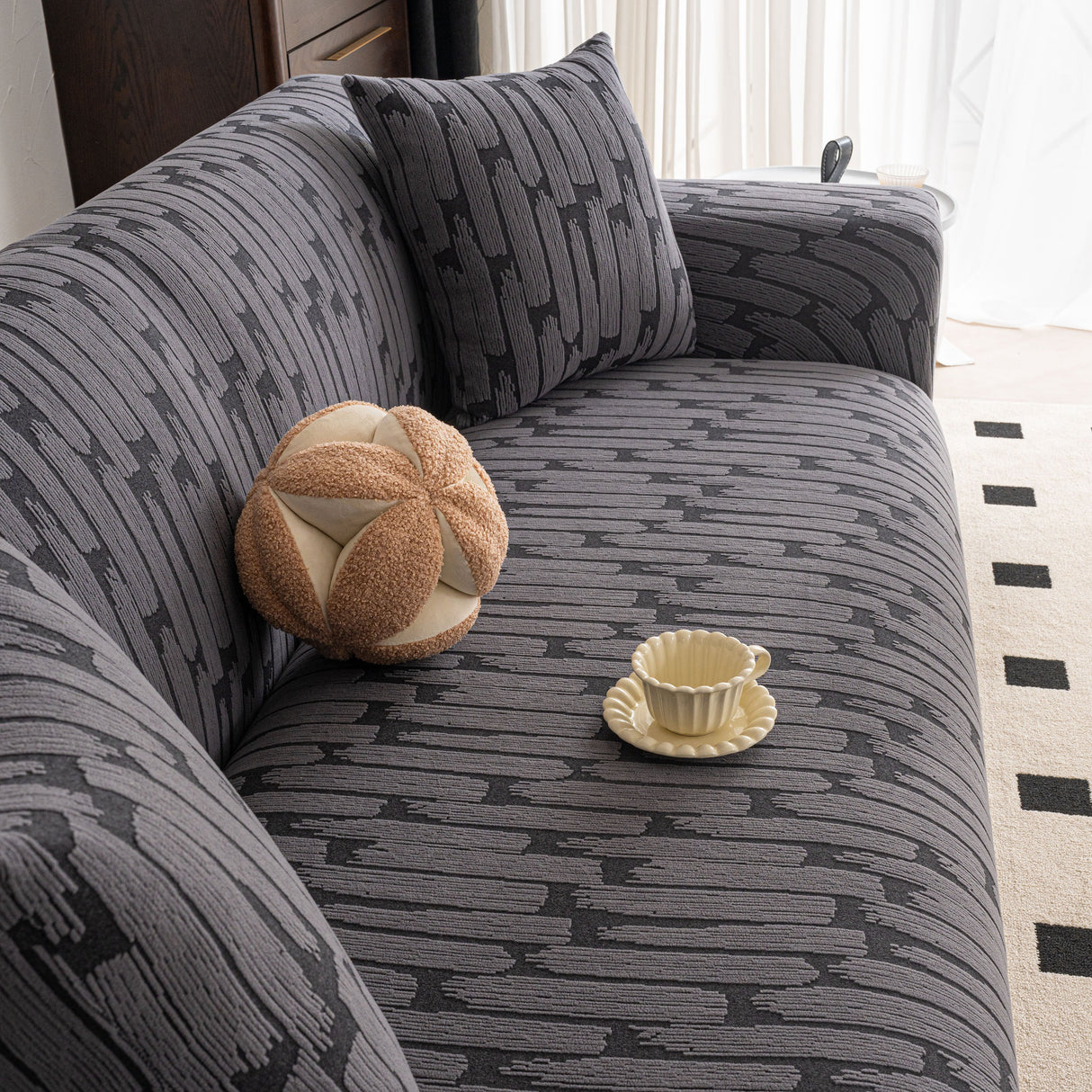 Plush Fleece Stretch Sofa Cover, Super Soft Textured Geometric Couch Slipcover