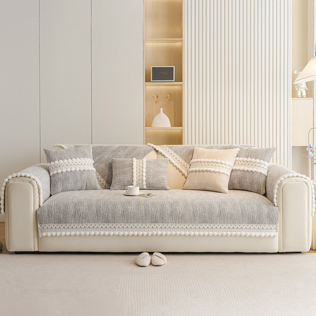 Soft Chenille Sectional Sofa Cover with Pom Pom Trim – Non-Slip Couch Protector