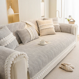 Soft Chenille Sectional Sofa Cover with Pom Pom Trim – Non-Slip Couch Protector