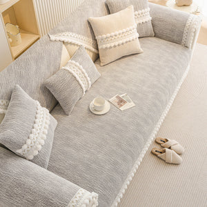 Soft Chenille Sectional Sofa Cover with Pom Pom Trim – Non-Slip Couch Protector