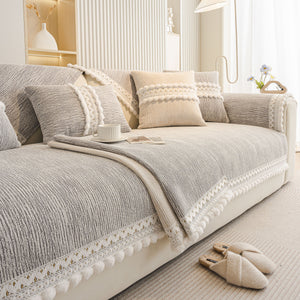 Soft Chenille Sectional Sofa Cover with Pom Pom Trim – Non-Slip Couch Protector