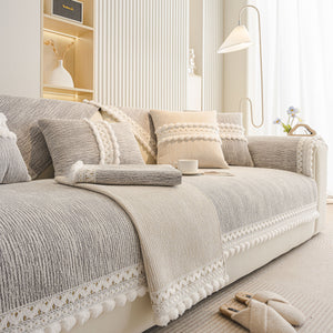 Soft Chenille Sectional Sofa Cover with Pom Pom Trim – Non-Slip Couch Protector