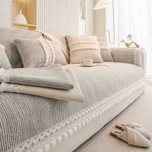 Soft Chenille Sectional Sofa Cover with Pom Pom Trim – Non-Slip Couch Protector