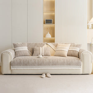 Soft Chenille Sectional Sofa Cover with Pom Pom Trim – Non-Slip Couch Protector