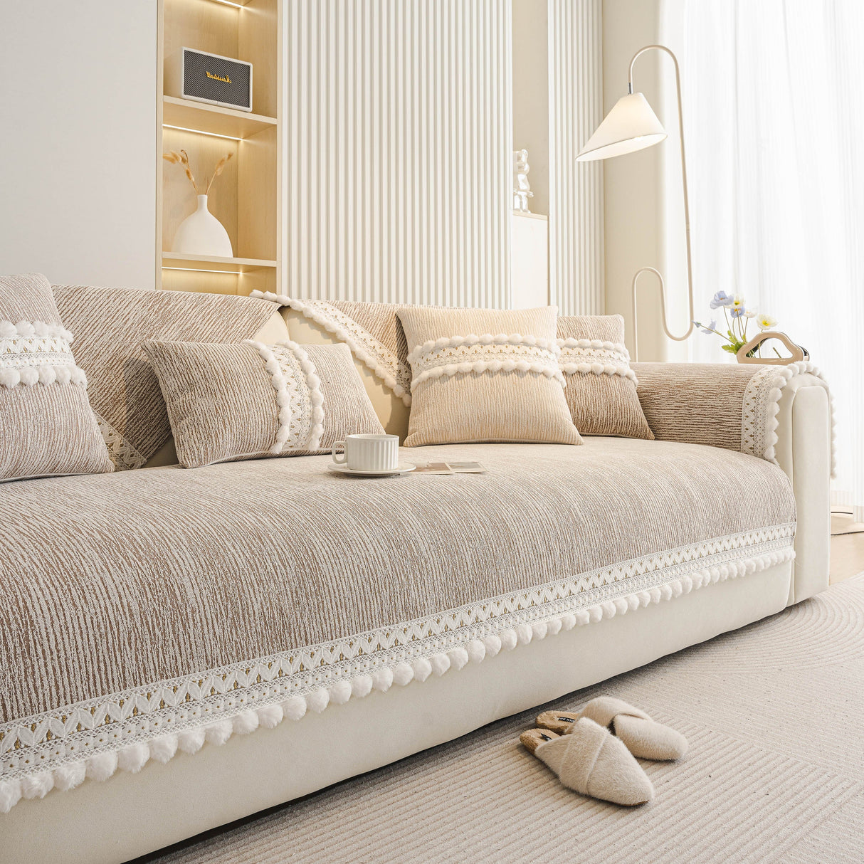 Soft Chenille Sectional Sofa Cover with Pom Pom Trim – Non-Slip Couch Protector