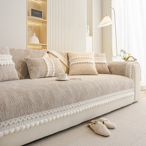 Soft Chenille Sectional Sofa Cover with Pom Pom Trim – Non-Slip Couch Protector