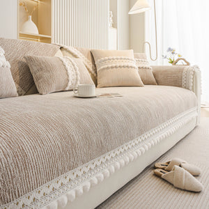 Soft Chenille Sectional Sofa Cover with Pom Pom Trim – Non-Slip Couch Protector