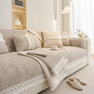 Soft Chenille Sectional Sofa Cover with Pom Pom Trim – Non-Slip Couch Protector