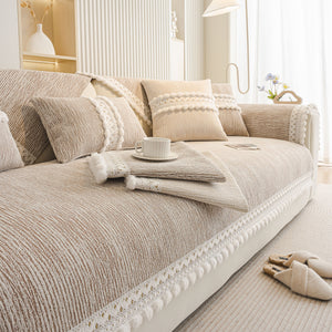 Soft Chenille Sectional Sofa Cover with Pom Pom Trim – Non-Slip Couch Protector