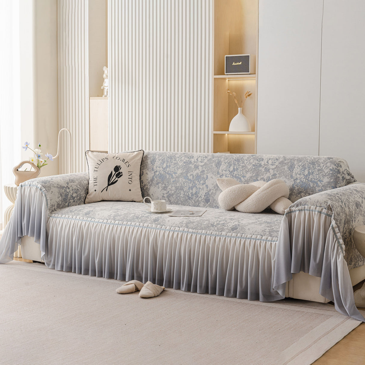 French Chic Style Ruffle Rose Cover Throw for Sofas, Decorative Sectional Covers