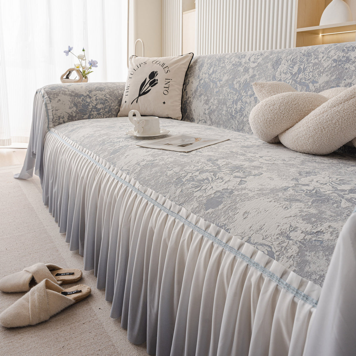 French Chic Style Ruffle Rose Cover Throw for Sofas, Decorative Sectional Covers