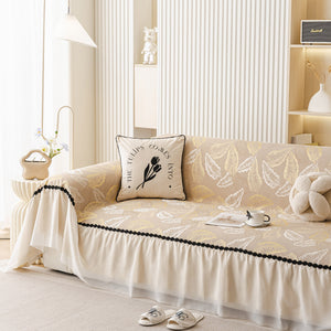 Leaf Jacquard Sofa Cover with Ruffle Skirt – Non-Slip Couch Protector with Sheer Hem