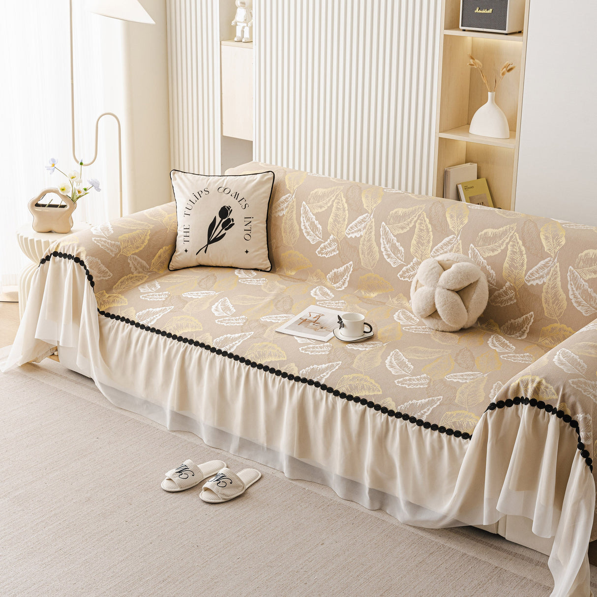 Leaf Jacquard Sofa Cover with Ruffle Skirt – Non-Slip Couch Protector with Sheer Hem