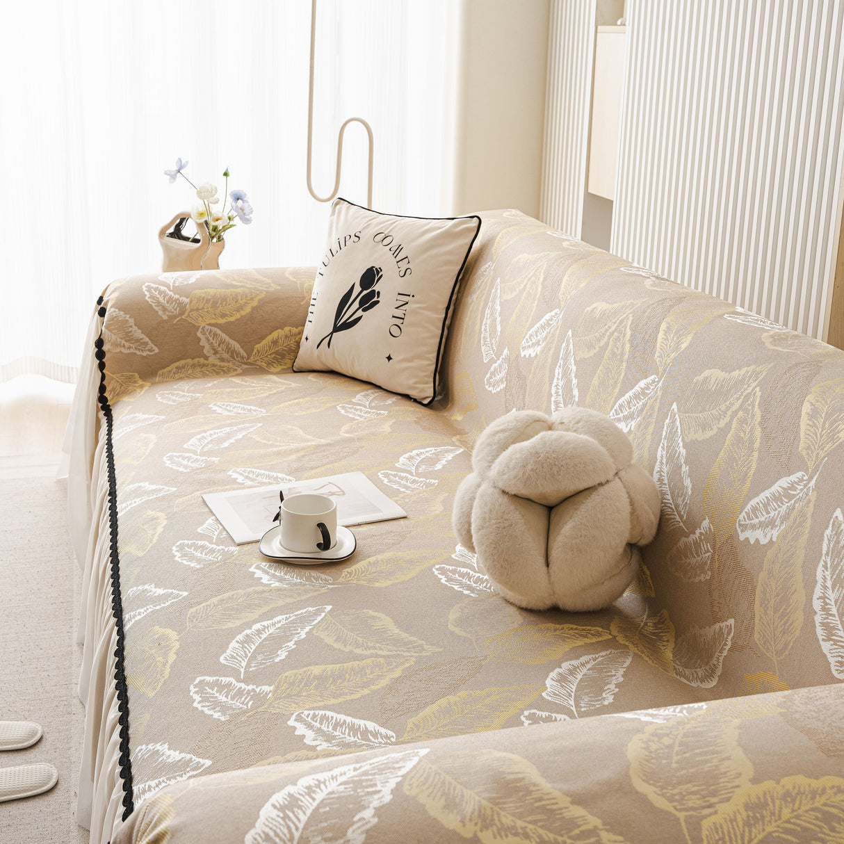 Leaf Jacquard Sofa Cover with Ruffle Skirt – Non-Slip Couch Protector with Sheer Hem