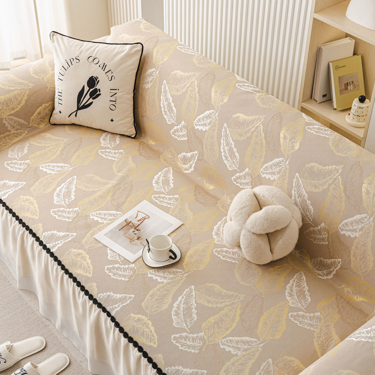 Leaf Jacquard Sofa Cover with Ruffle Skirt – Non-Slip Couch Protector with Sheer Hem