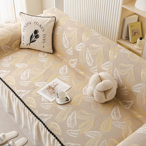 Leaf Jacquard Sofa Cover with Ruffle Skirt – Non-Slip Couch Protector with Sheer Hem