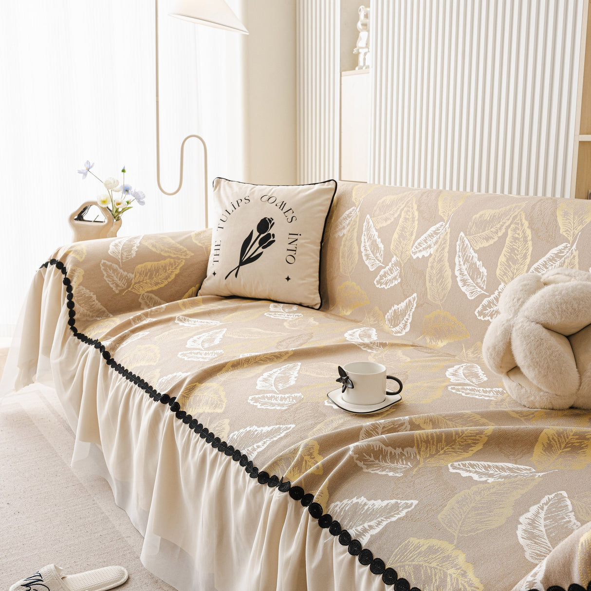 Leaf Jacquard Sofa Cover with Ruffle Skirt – Non-Slip Couch Protector with Sheer Hem
