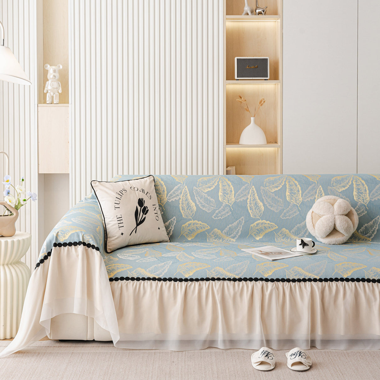 Leaf Jacquard Sofa Cover with Ruffle Skirt – Non-Slip Couch Protector with Sheer Hem