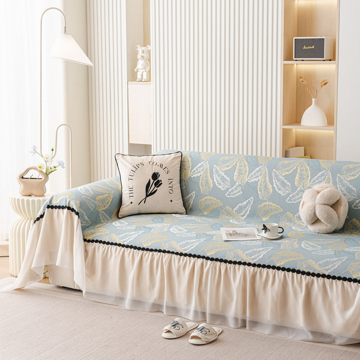 Leaf Jacquard Sofa Cover with Ruffle Skirt – Non-Slip Couch Protector with Sheer Hem
