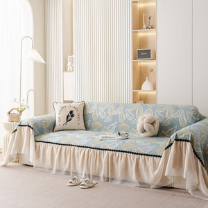 Leaf Jacquard Sofa Cover with Ruffle Skirt – Non-Slip Couch Protector with Sheer Hem