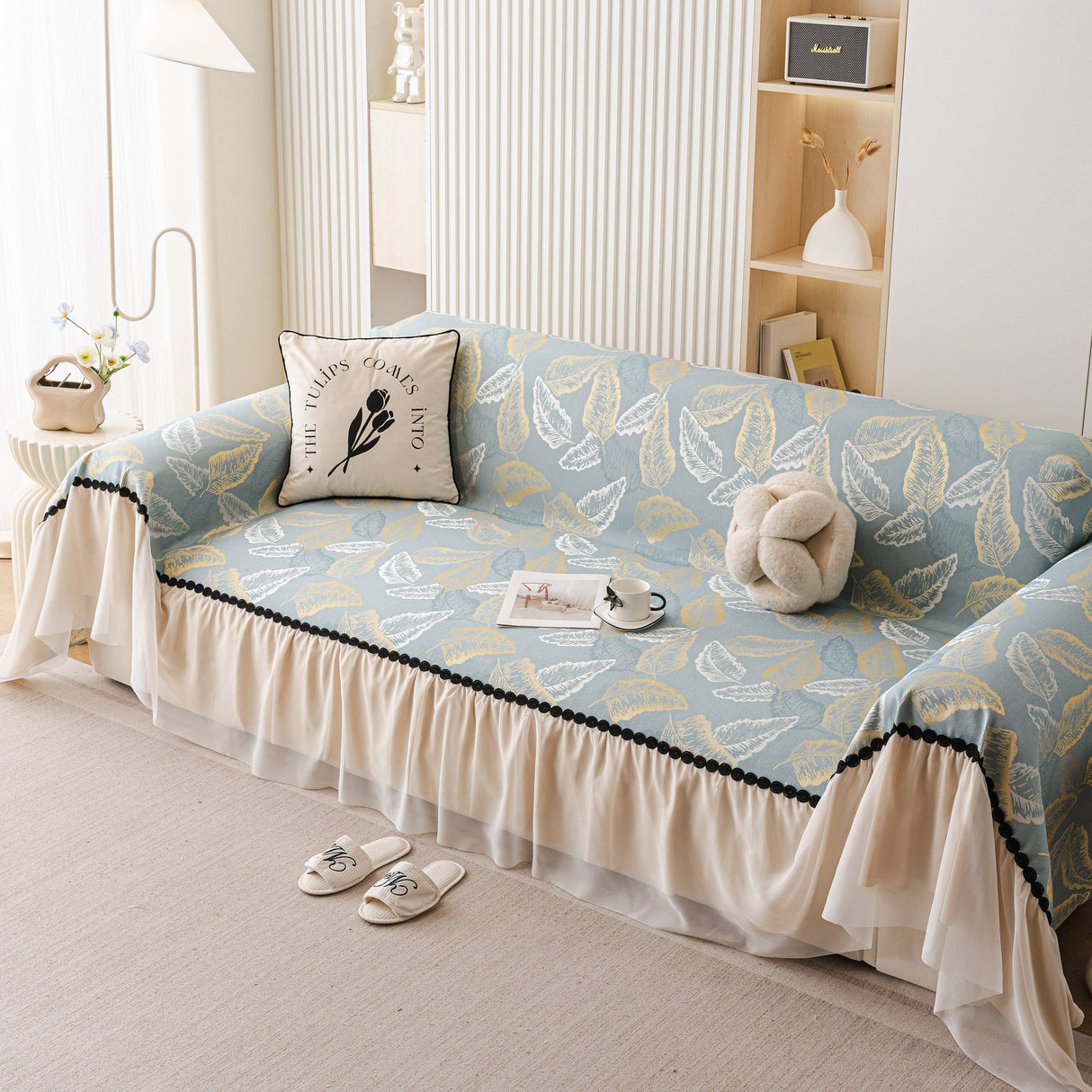 Leaf Jacquard Sofa Cover with Ruffle Skirt – Non-Slip Couch Protector with Sheer Hem