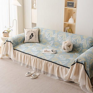 Leaf Jacquard Sofa Cover with Ruffle Skirt – Non-Slip Couch Protector with Sheer Hem
