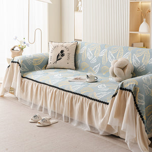 Leaf Jacquard Sofa Cover with Ruffle Skirt – Non-Slip Couch Protector with Sheer Hem