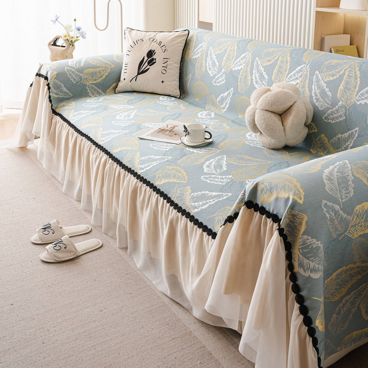 Leaf Jacquard Sofa Cover with Ruffle Skirt – Non-Slip Couch Protector with Sheer Hem